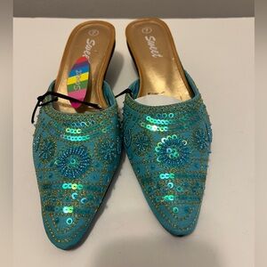 NWT Sweet Teal Beaded & Sequin Slip-On Kitten Heels – Size 7, 1.5-Inch Heels